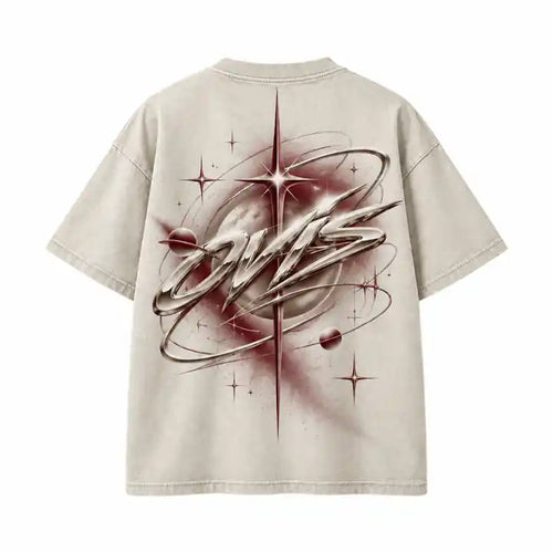 OVIS Cosmic Orbit Tee Vintage Stone — espalda con gráfico cromado Cosmic Orbit