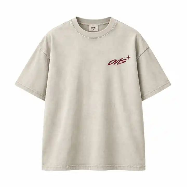 OVIS Cosmic Orbit Tee Vintage Stone — vista frontal con logo en el pecho